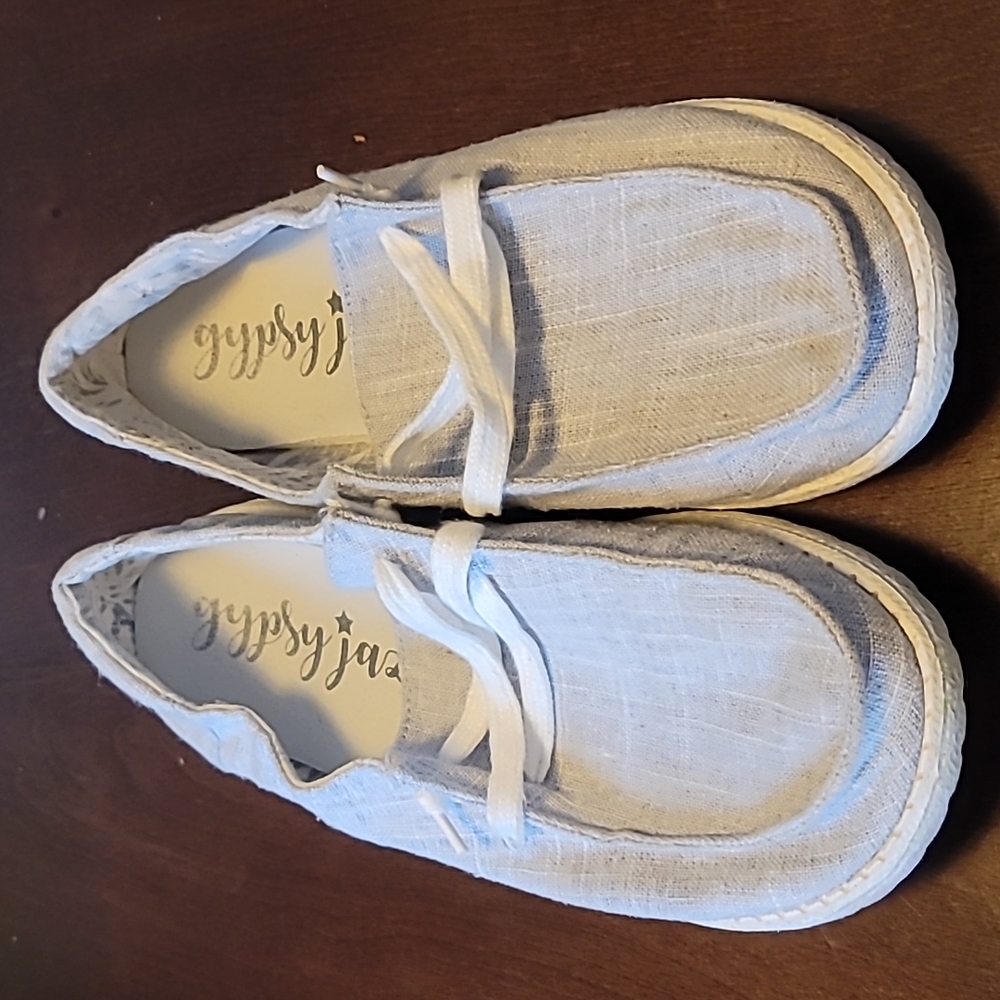 Womens gypsy jazz slip on shoes gray/blue white laces and bottoms size 9